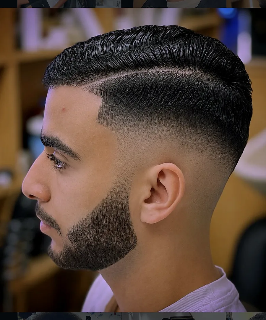 Coupe avec raie tracée et barbe taillée par Barber Hicham 28